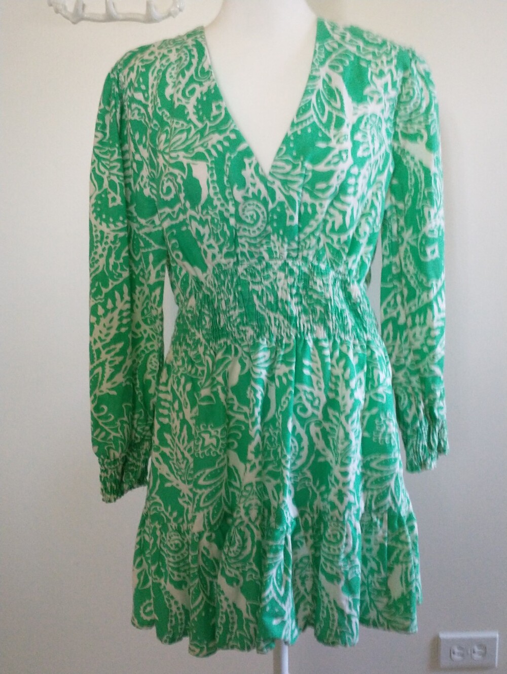 Zara Linen Paisley V-Neck Boho Smocked Dress L